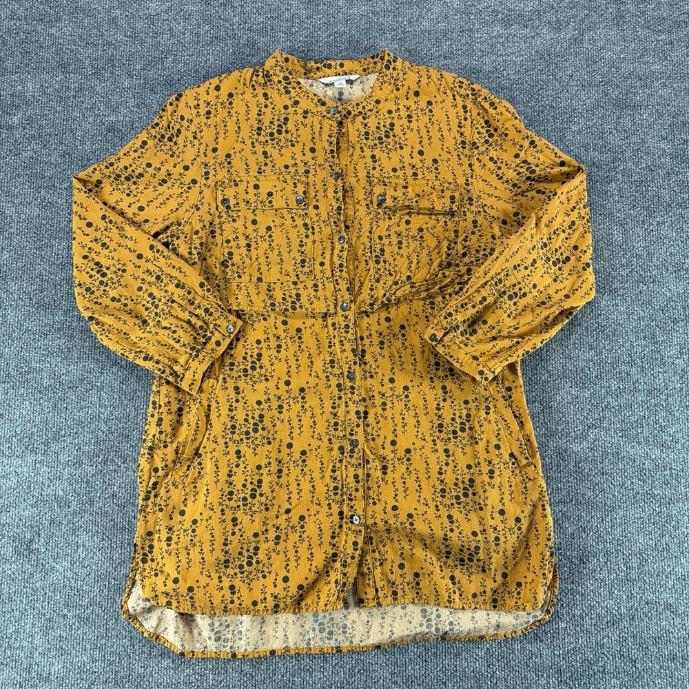 LL Bean Signature Womens‎ Mustard Yellow Floral Button Down Tunic Shirt Size 12